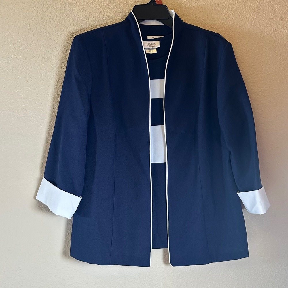 VTG Westside Clothing Co Navy Blue White Striped 2 Piece Jacket Shell Set SZ 14